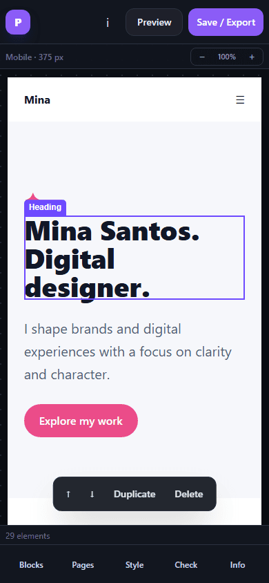 The localhost editor in a phone viewport with the mobile canvas selected and the Blocks, Pages, Style, Check and Info dock visible.